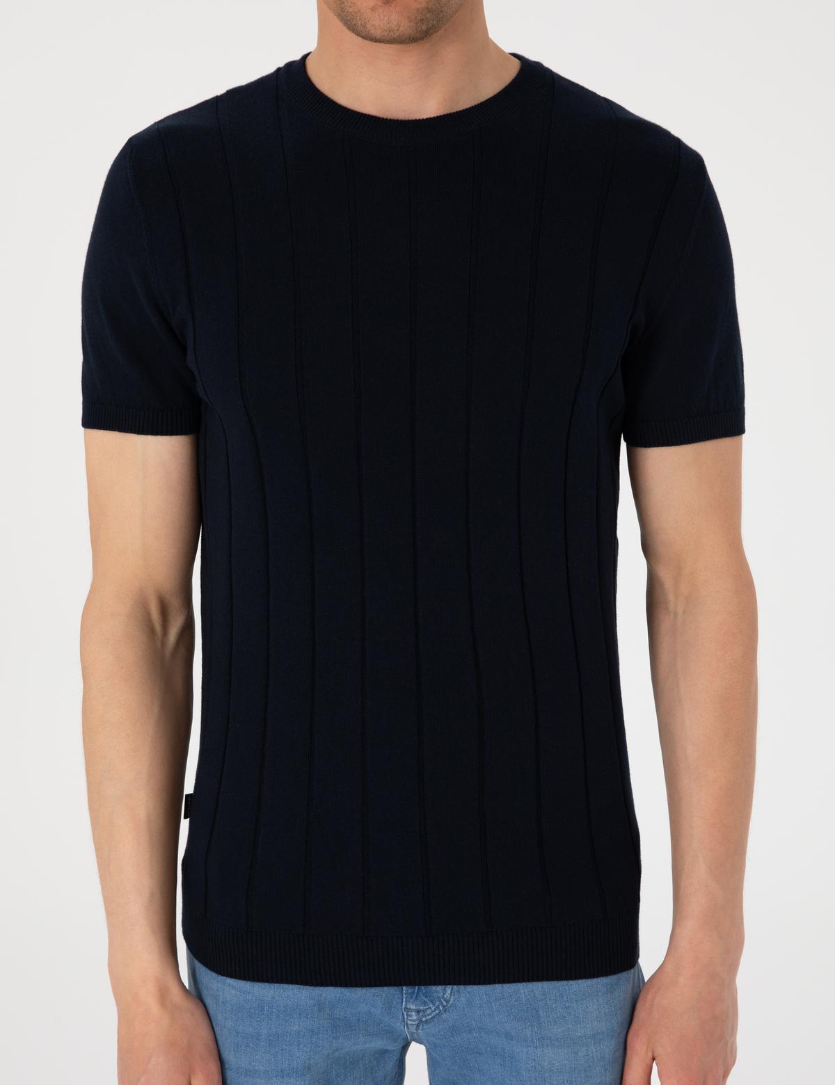 Lacivert Slim Fit %100 Pamuk Bisiklet Yaka Triko Tişört - 50307312021