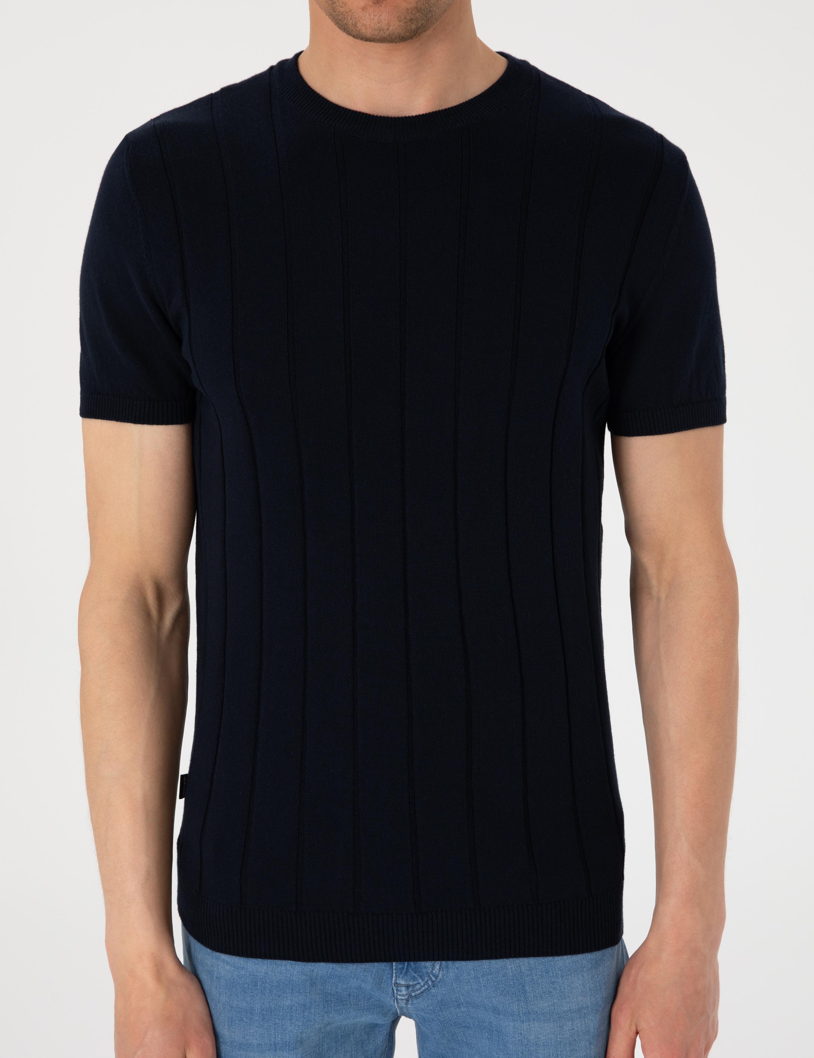 Lacivert Slim Fit %100 Pamuk Bisiklet Yaka Triko Tişört