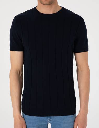 Lacivert Slim Fit %100 Pamuk Bisiklet Yaka Triko Tişört