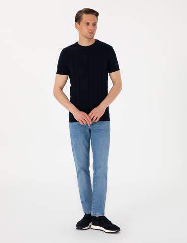 Lacivert Slim Fit %100 Pamuk Bisiklet Yaka Triko Tişört