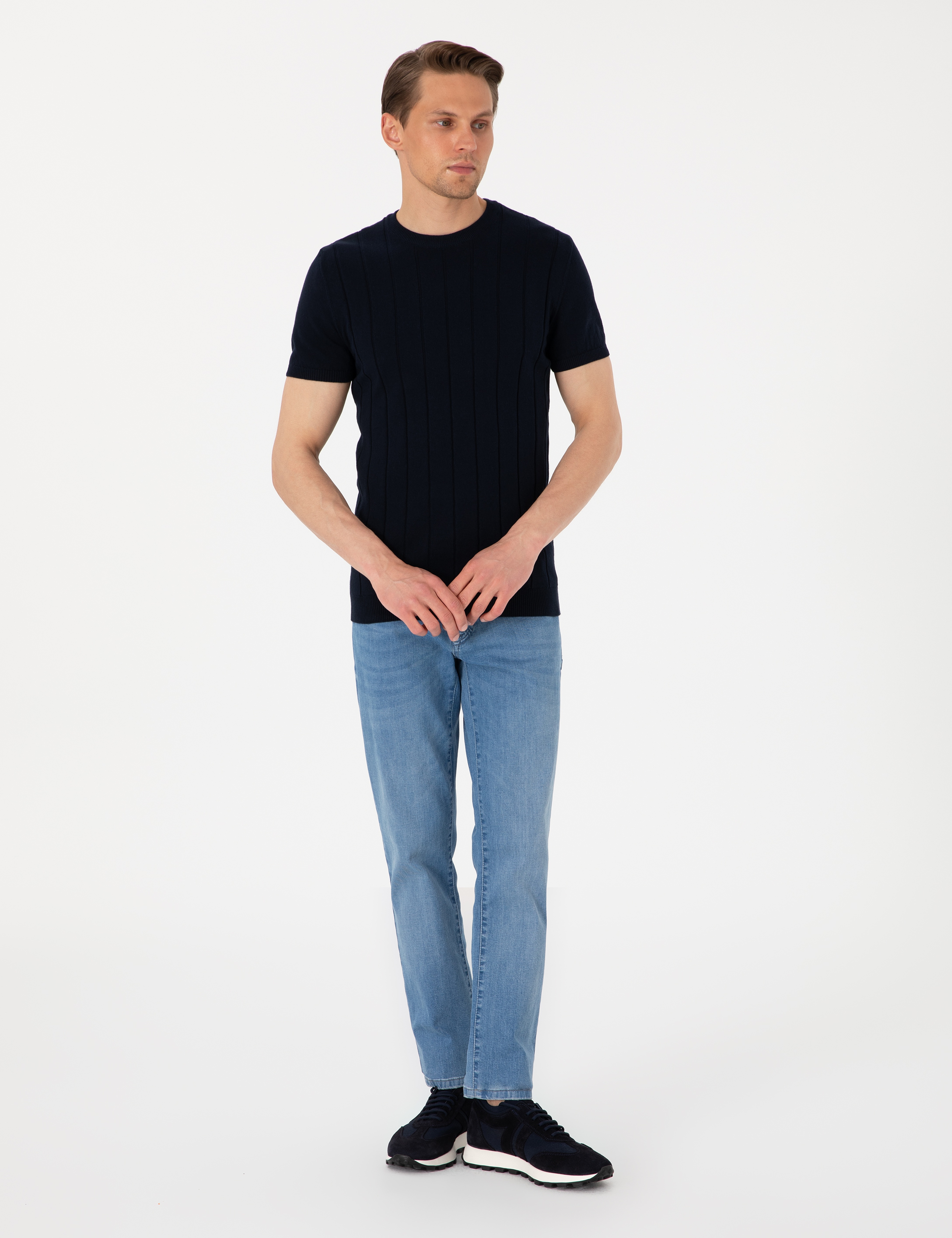 Lacivert Slim Fit %100 Pamuk Bisiklet Yaka Triko Tişört