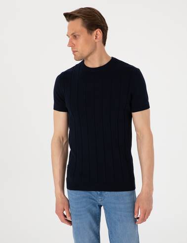 Lacivert Slim Fit %100 Pamuk Bisiklet Yaka Triko Tişört