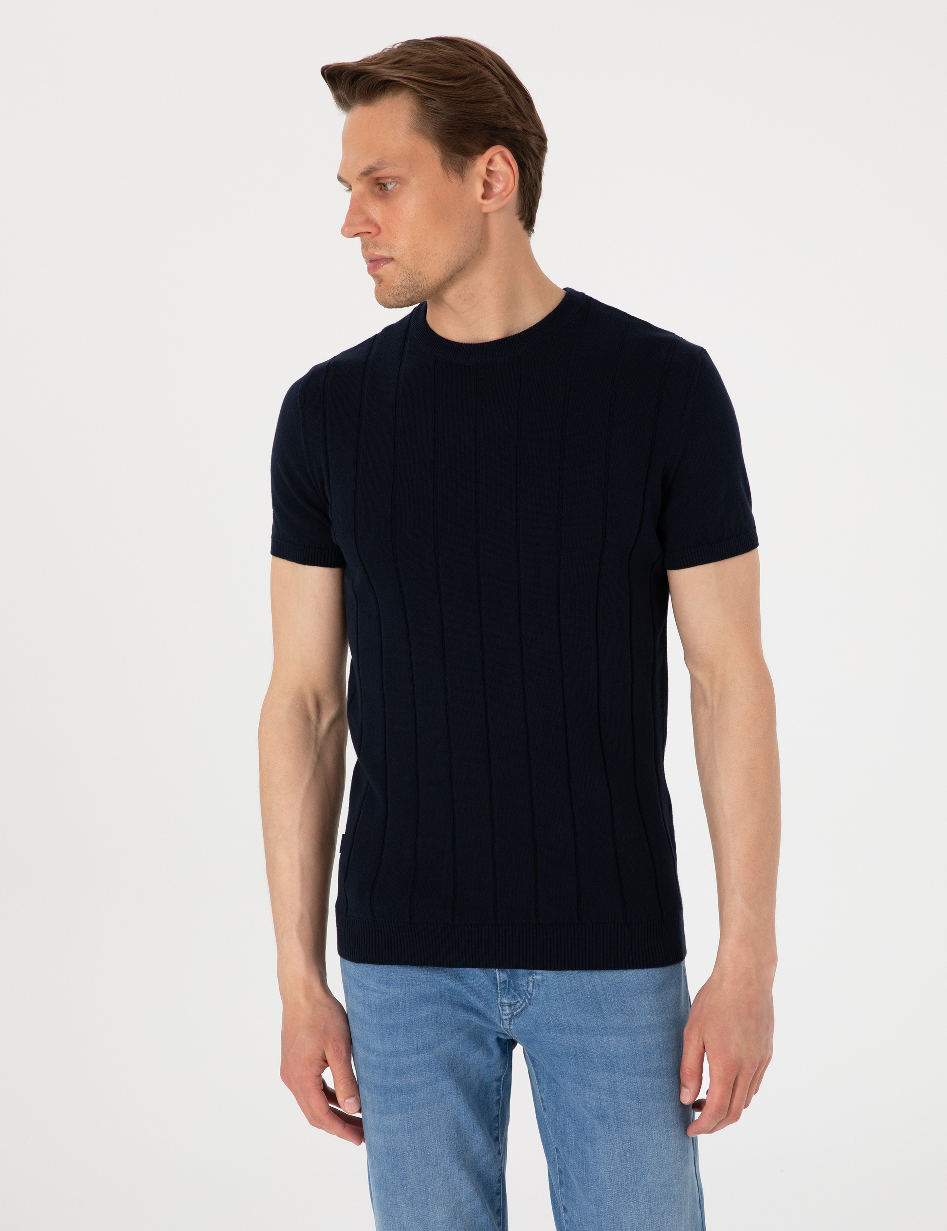 Lacivert Slim Fit %100 Pamuk Bisiklet Yaka Triko Tişört - Image 1