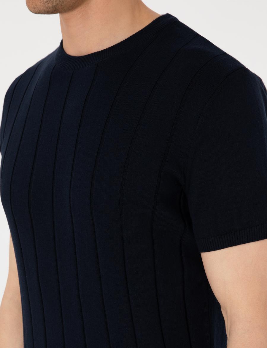 Lacivert Slim Fit %100 Pamuk Bisiklet Yaka Triko Tişört