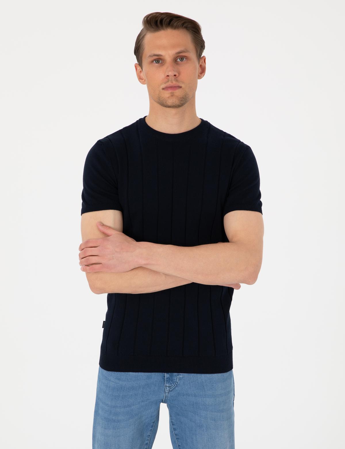 Lacivert Slim Fit %100 Pamuk Bisiklet Yaka Triko Tişört - 50307312021