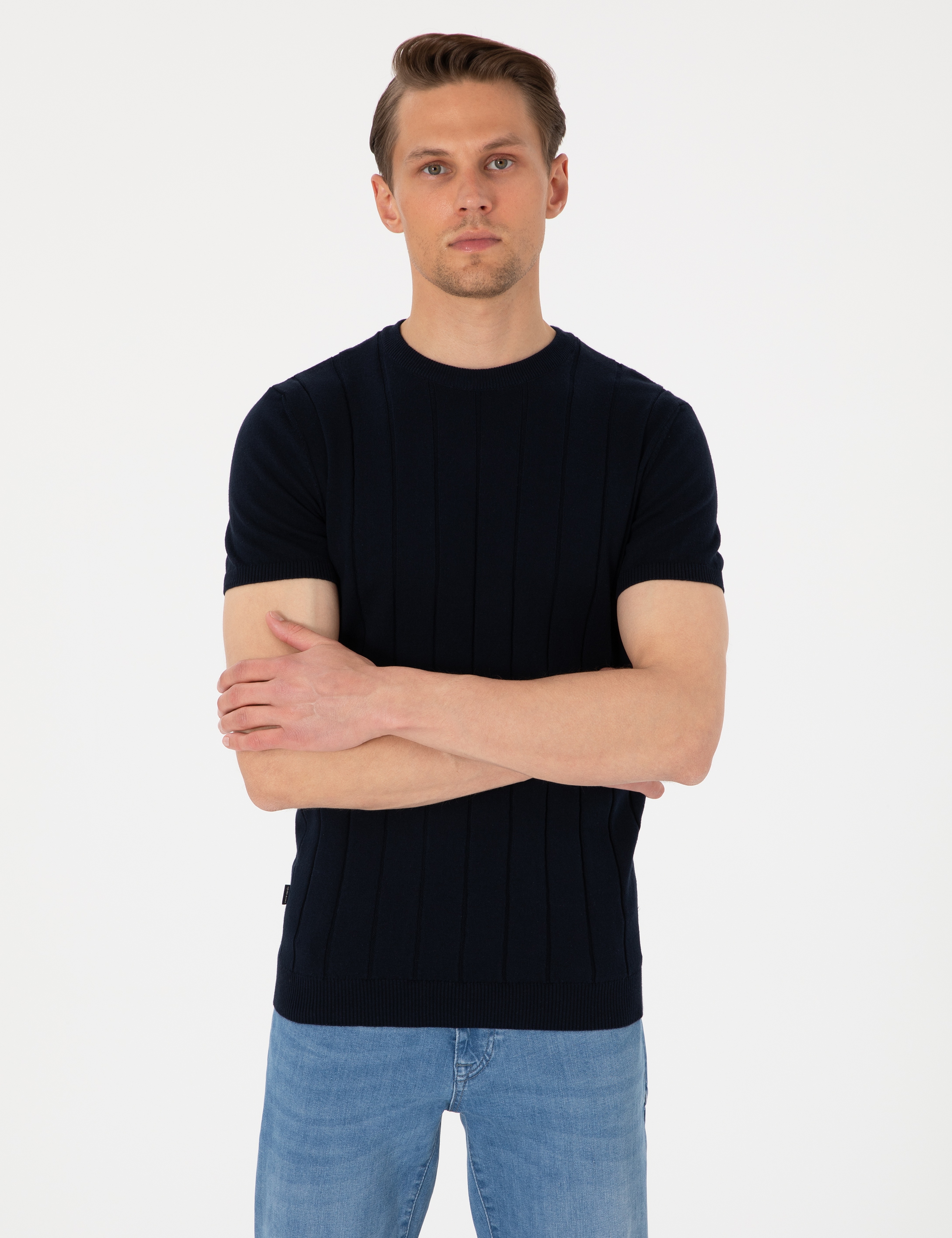 Lacivert Slim Fit %100 Pamuk Bisiklet Yaka Triko Tişört - Image 3
