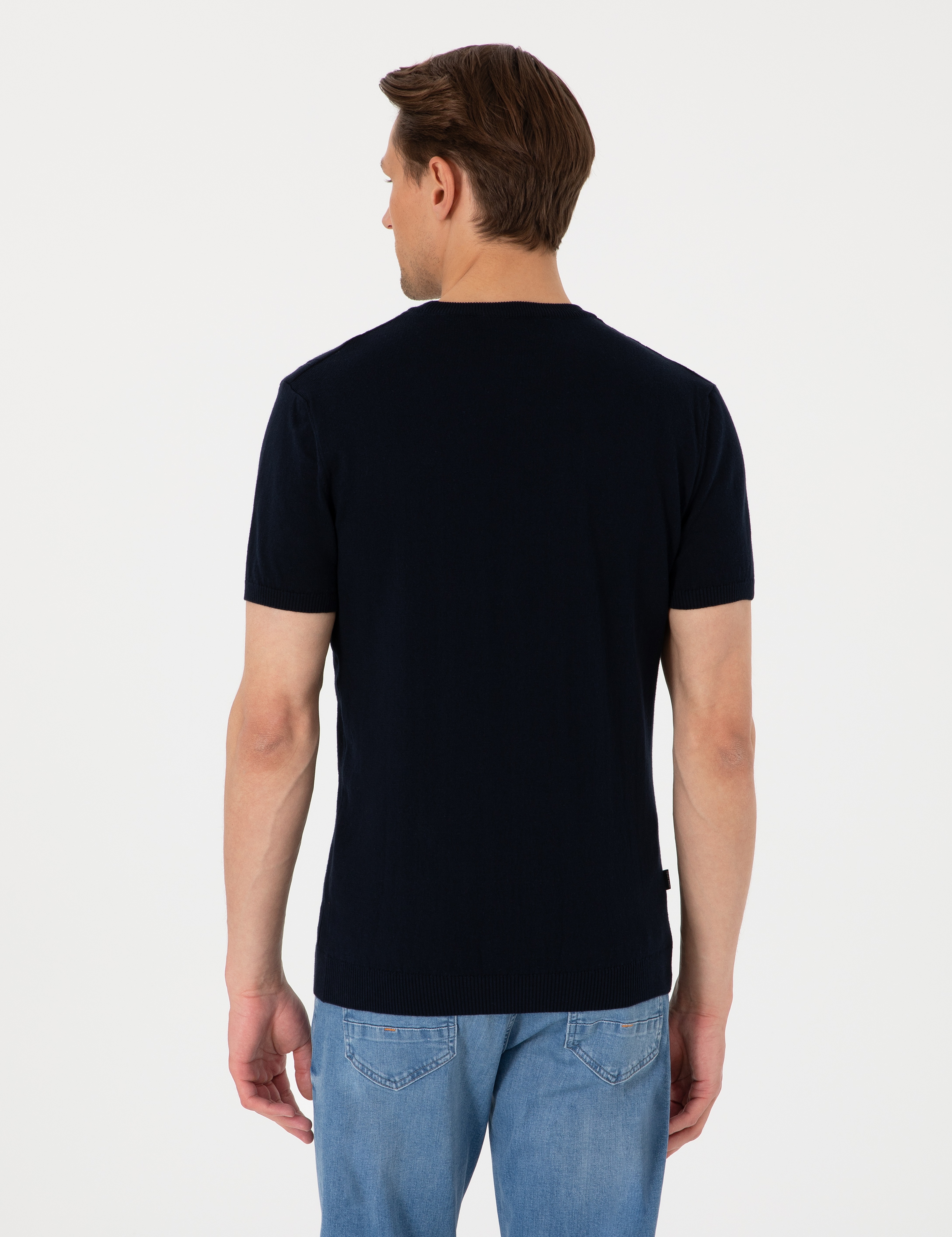 Lacivert Slim Fit %100 Pamuk Bisiklet Yaka Triko Tişört - Image 5