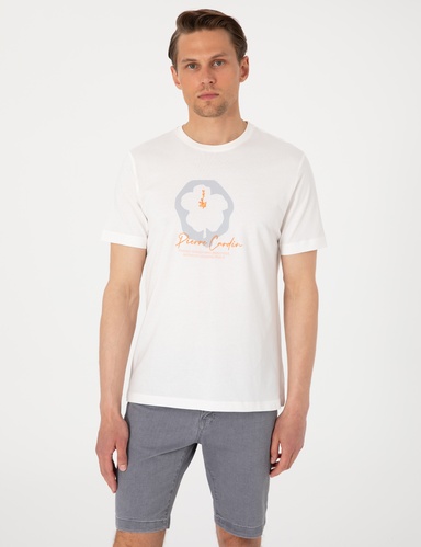 Ekru Slim Fit %100 Pamuk Bisiklet Yaka Tişört