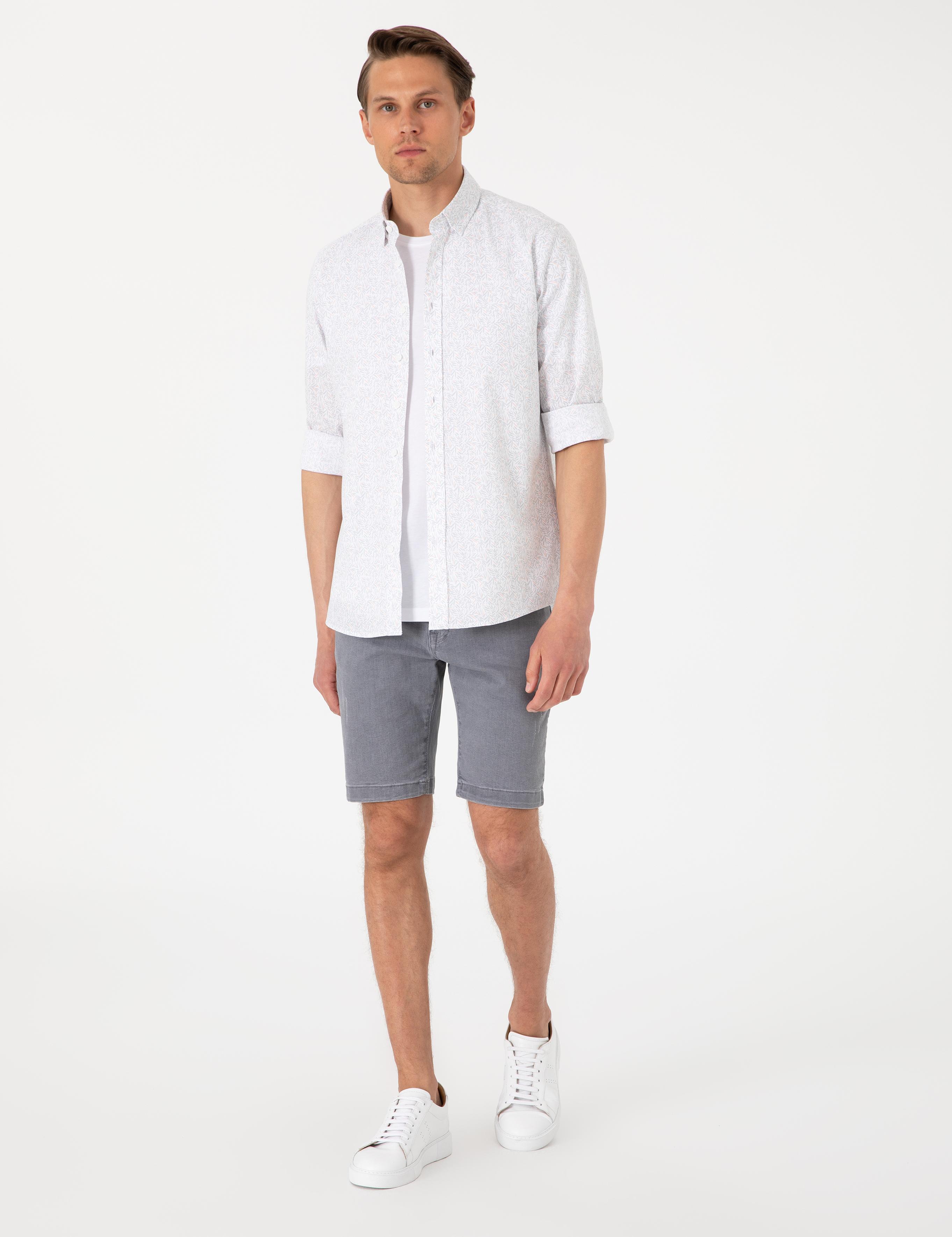 Beyaz Desen Baskılı Slim Fit Uzun Kollu Gömlek