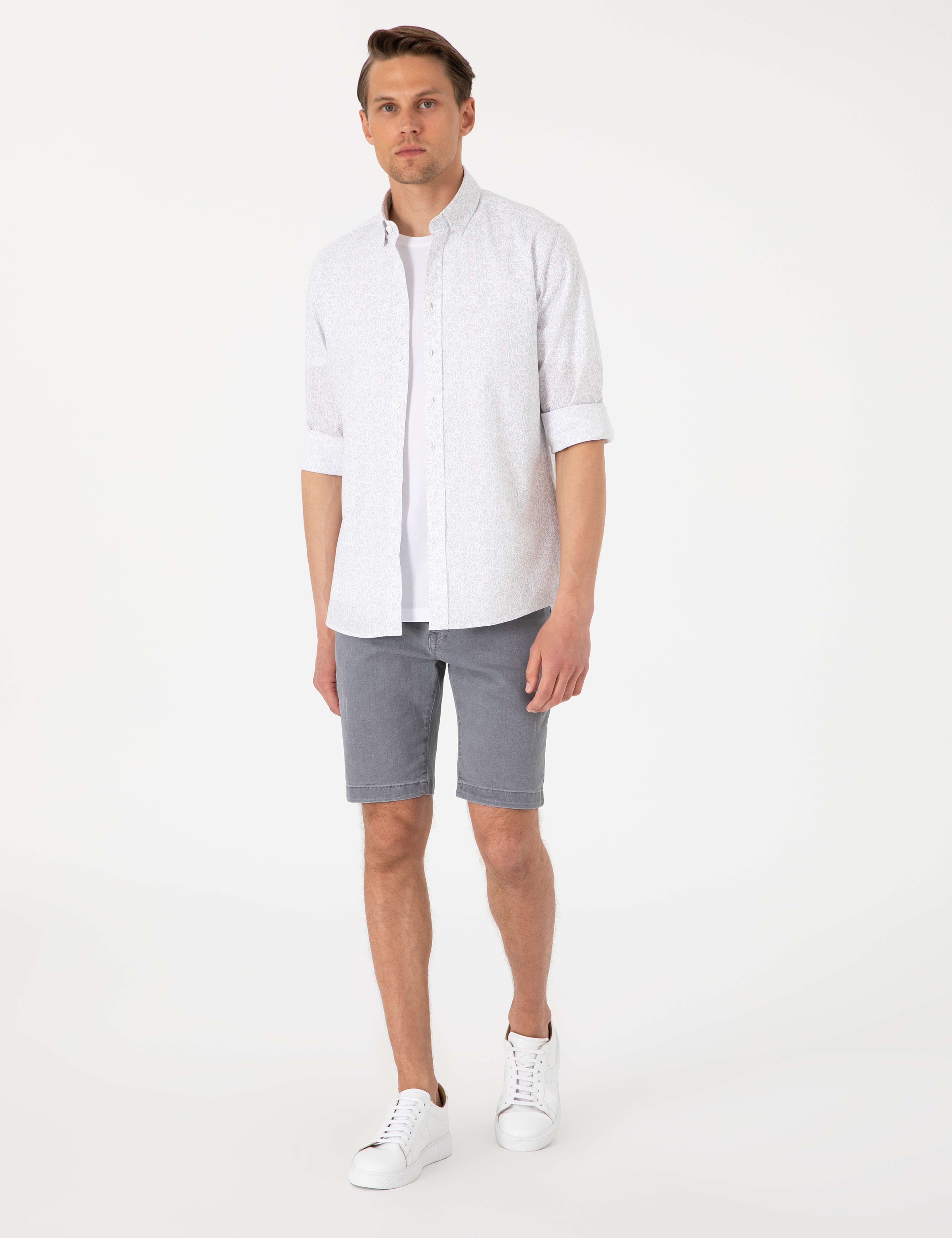 Beyaz Desen Baskılı Slim Fit Uzun Kollu Gömlek - Image 4