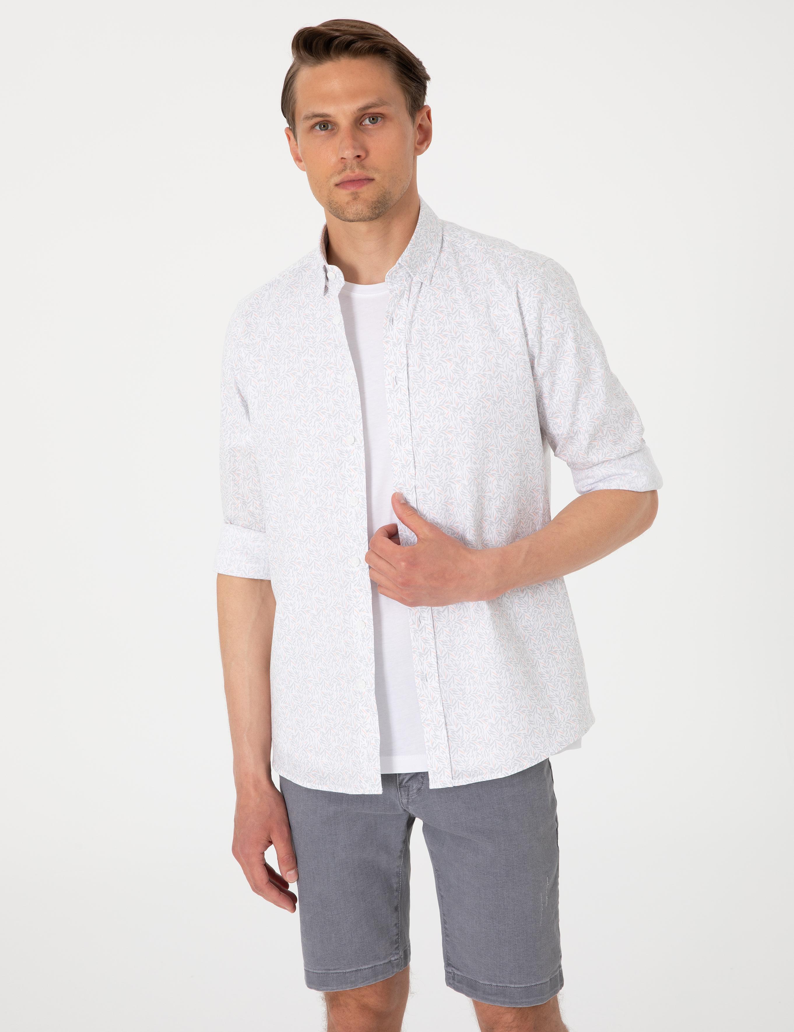 Beyaz Desen Baskılı Slim Fit Uzun Kollu Gömlek