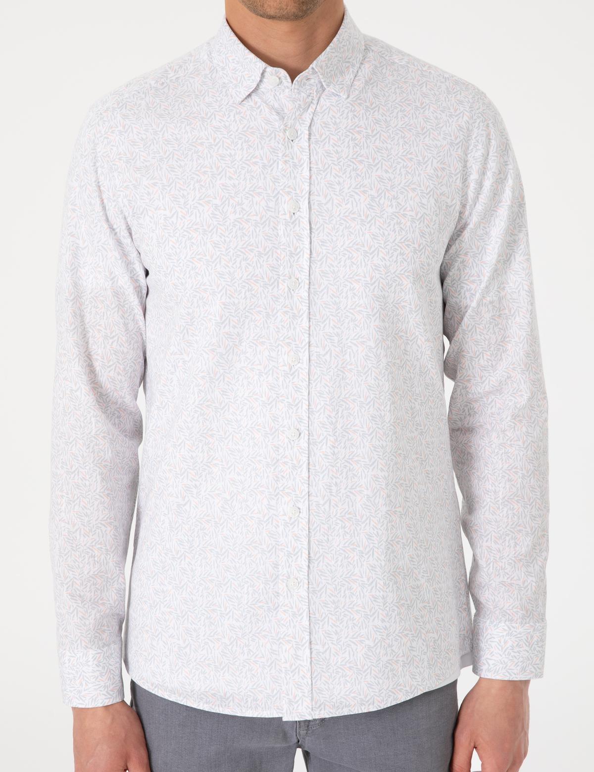Beyaz Desen Baskılı Slim Fit Uzun Kollu Gömlek - 50303451013