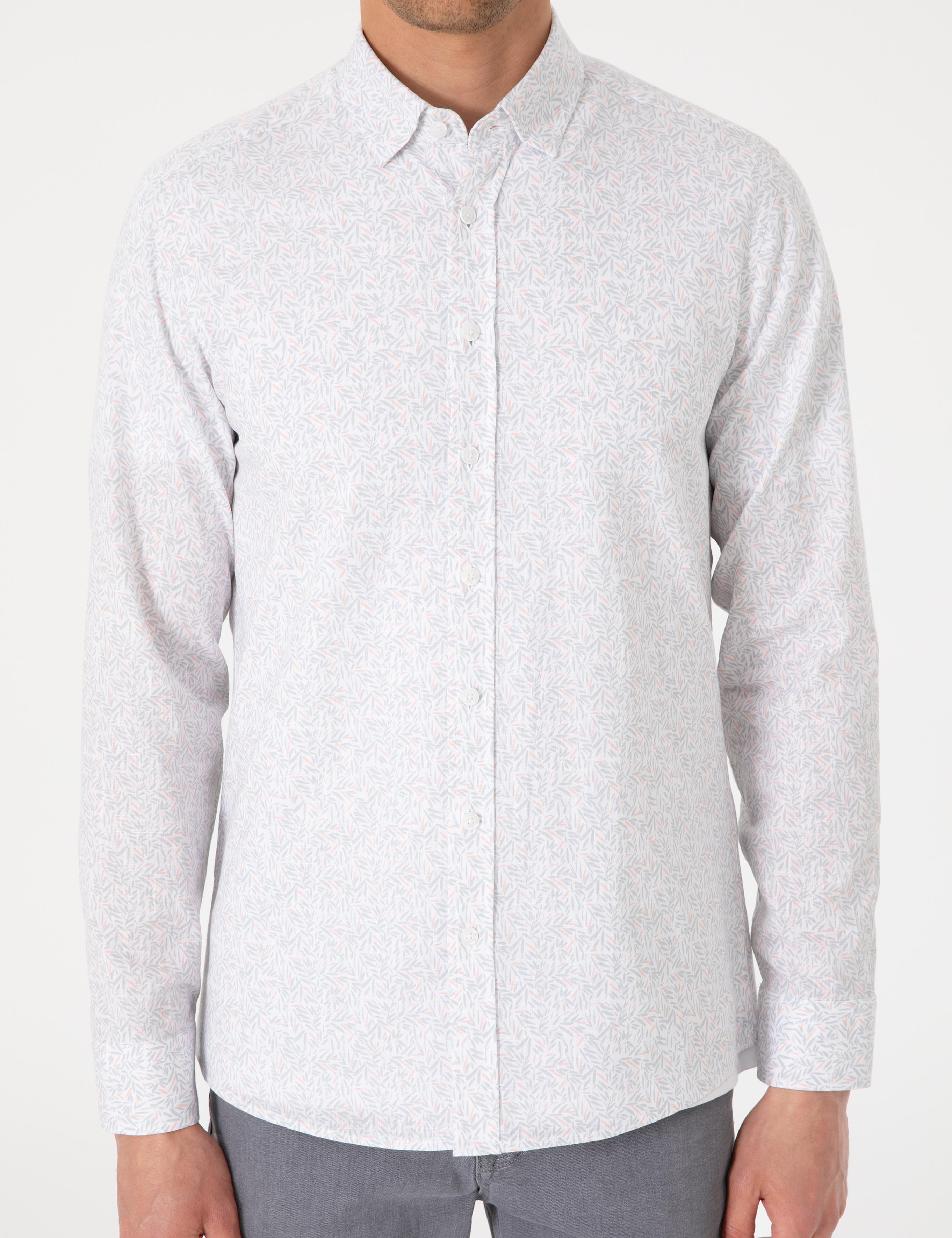 Beyaz Desen Baskılı Slim Fit Uzun Kollu Gömlek