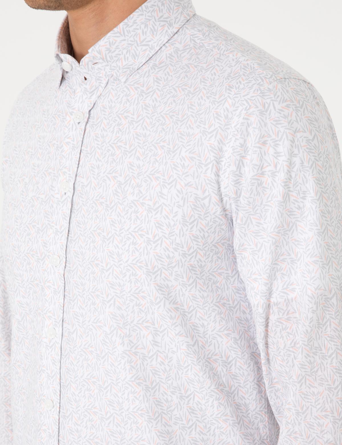 Beyaz Desen Baskılı Slim Fit Uzun Kollu Gömlek - 50303451013