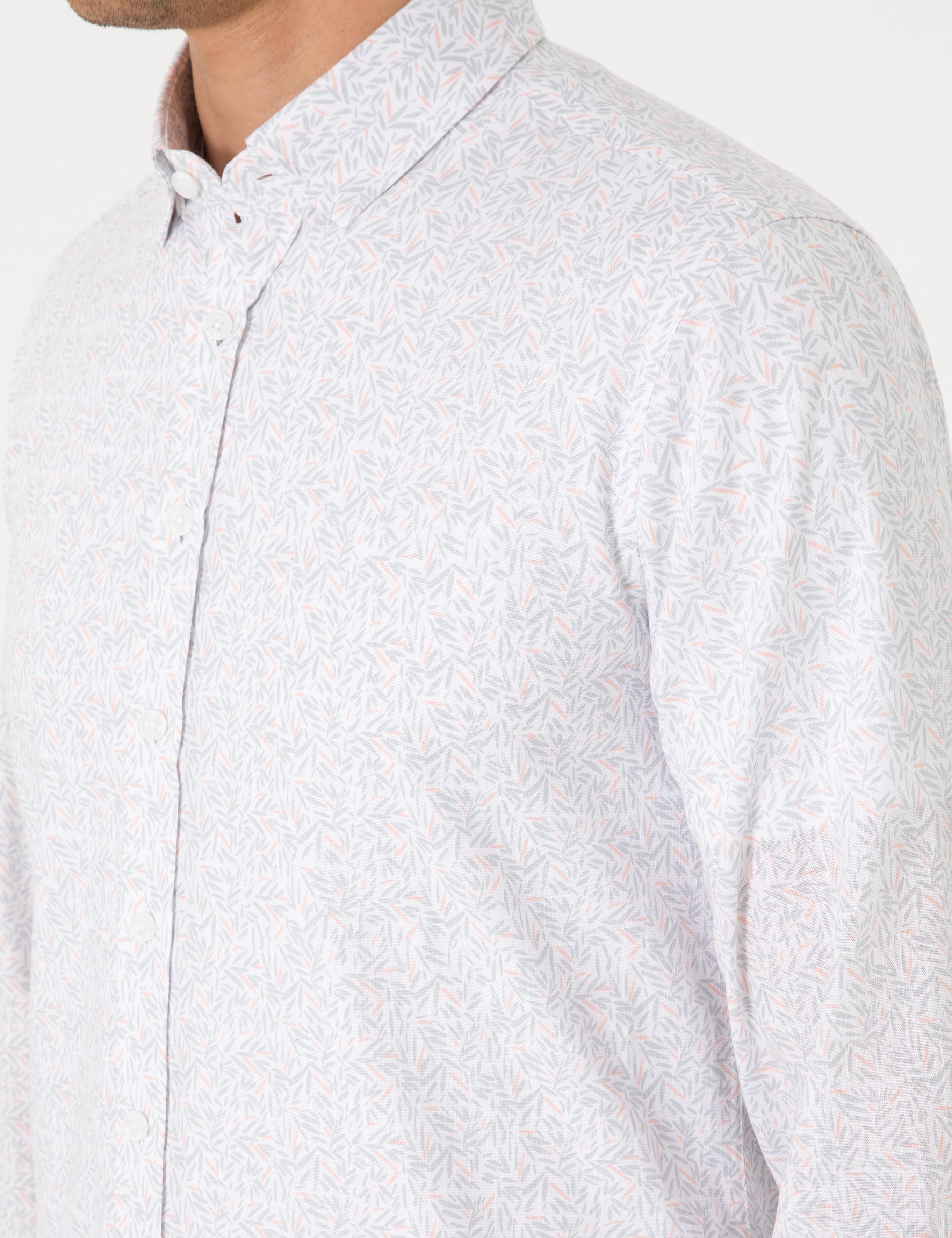 Beyaz Desen Baskılı Slim Fit Uzun Kollu Gömlek