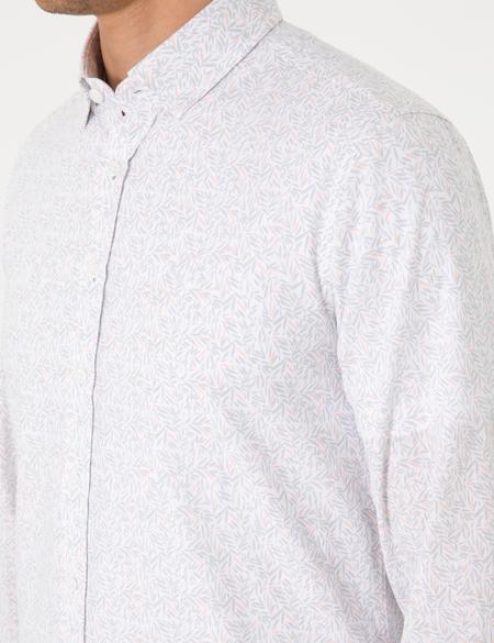 Beyaz Desen Baskılı Slim Fit Uzun Kollu Gömlek - 50303451013