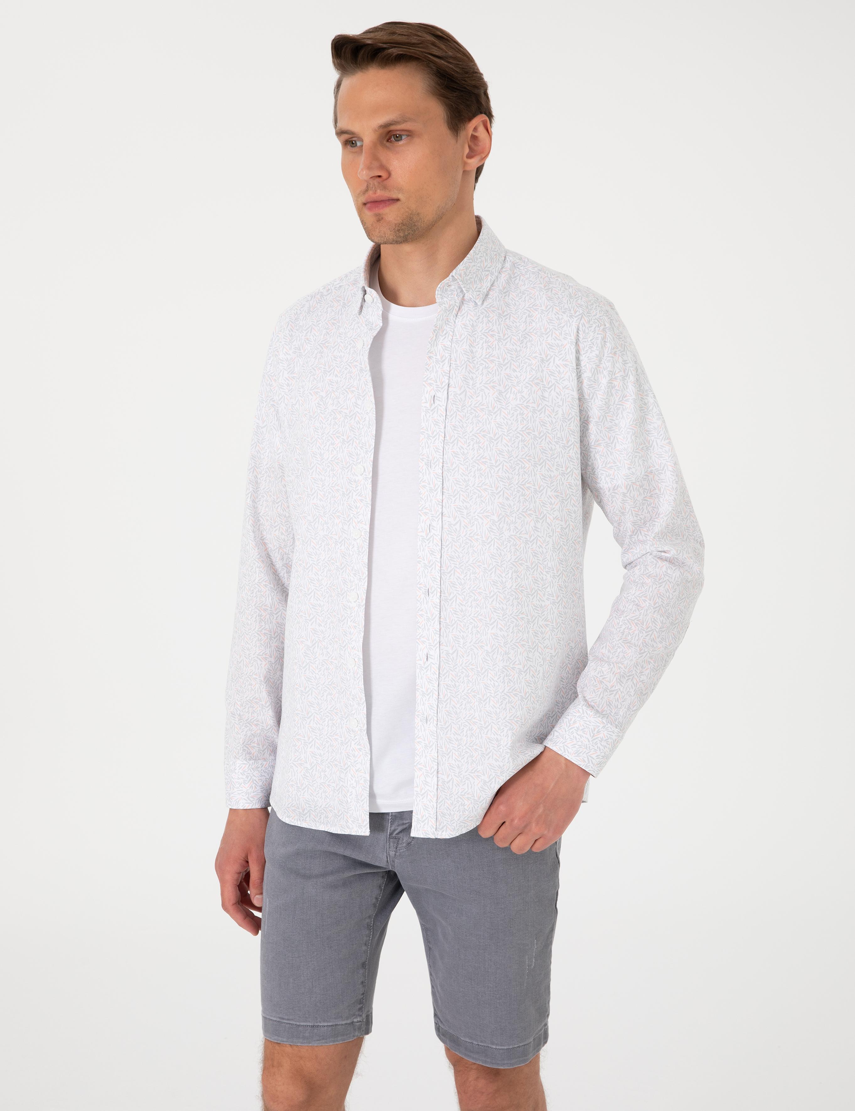 Beyaz Desen Baskılı Slim Fit Uzun Kollu Gömlek