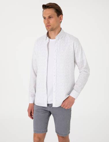 Beyaz Desen Baskılı Slim Fit Uzun Kollu Gömlek