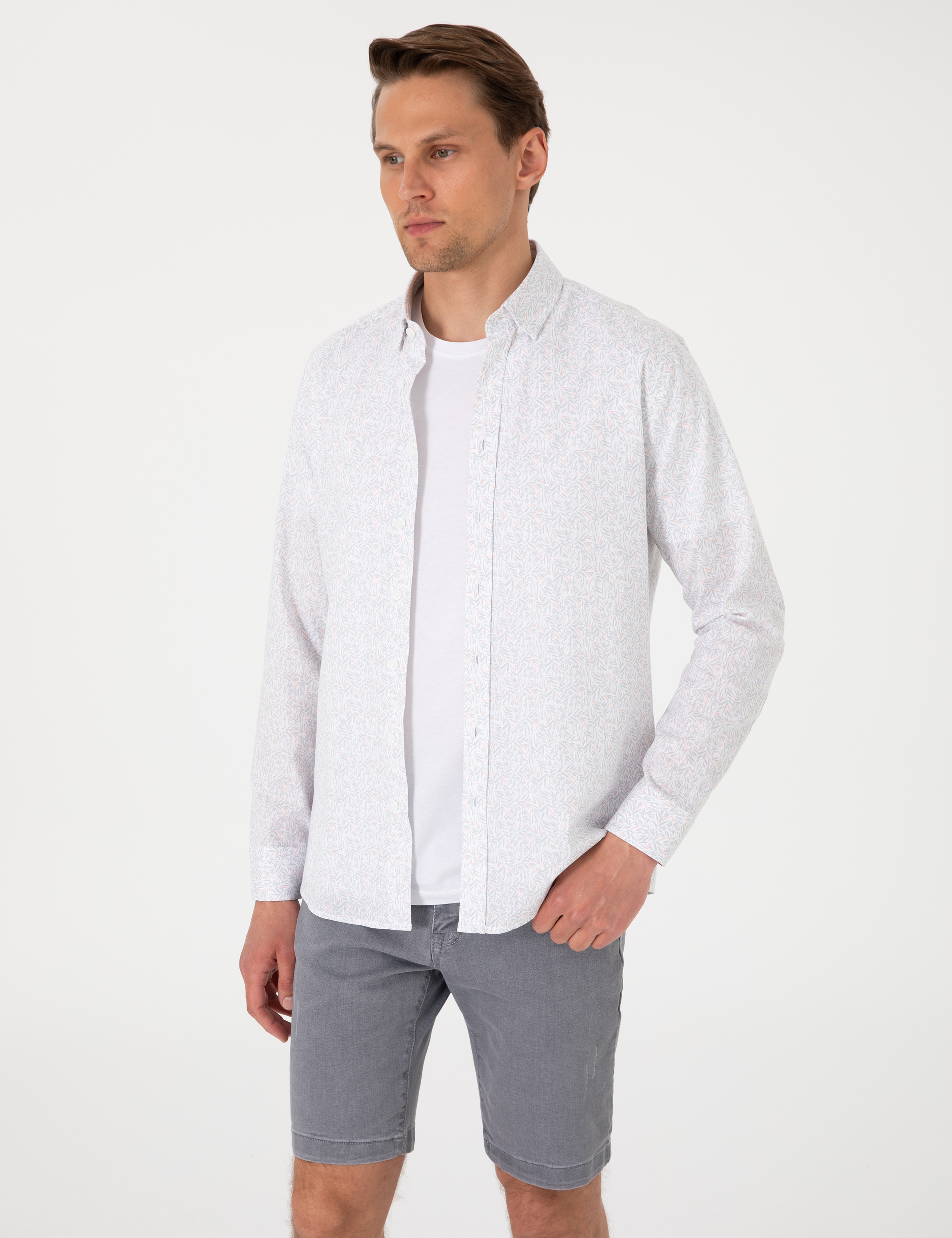 Beyaz Desen Baskılı Slim Fit Uzun Kollu Gömlek