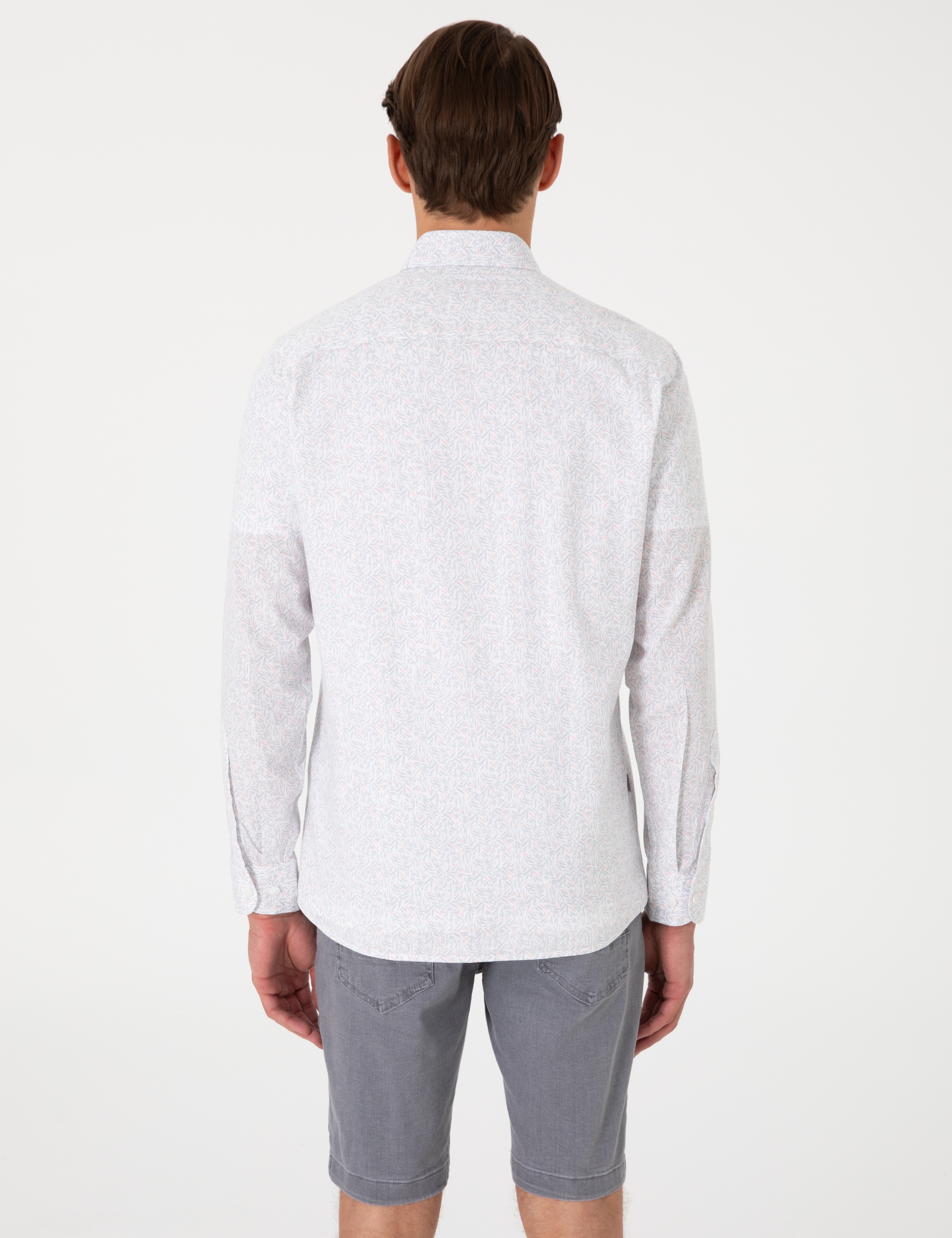 Beyaz Desen Baskılı Slim Fit Uzun Kollu Gömlek