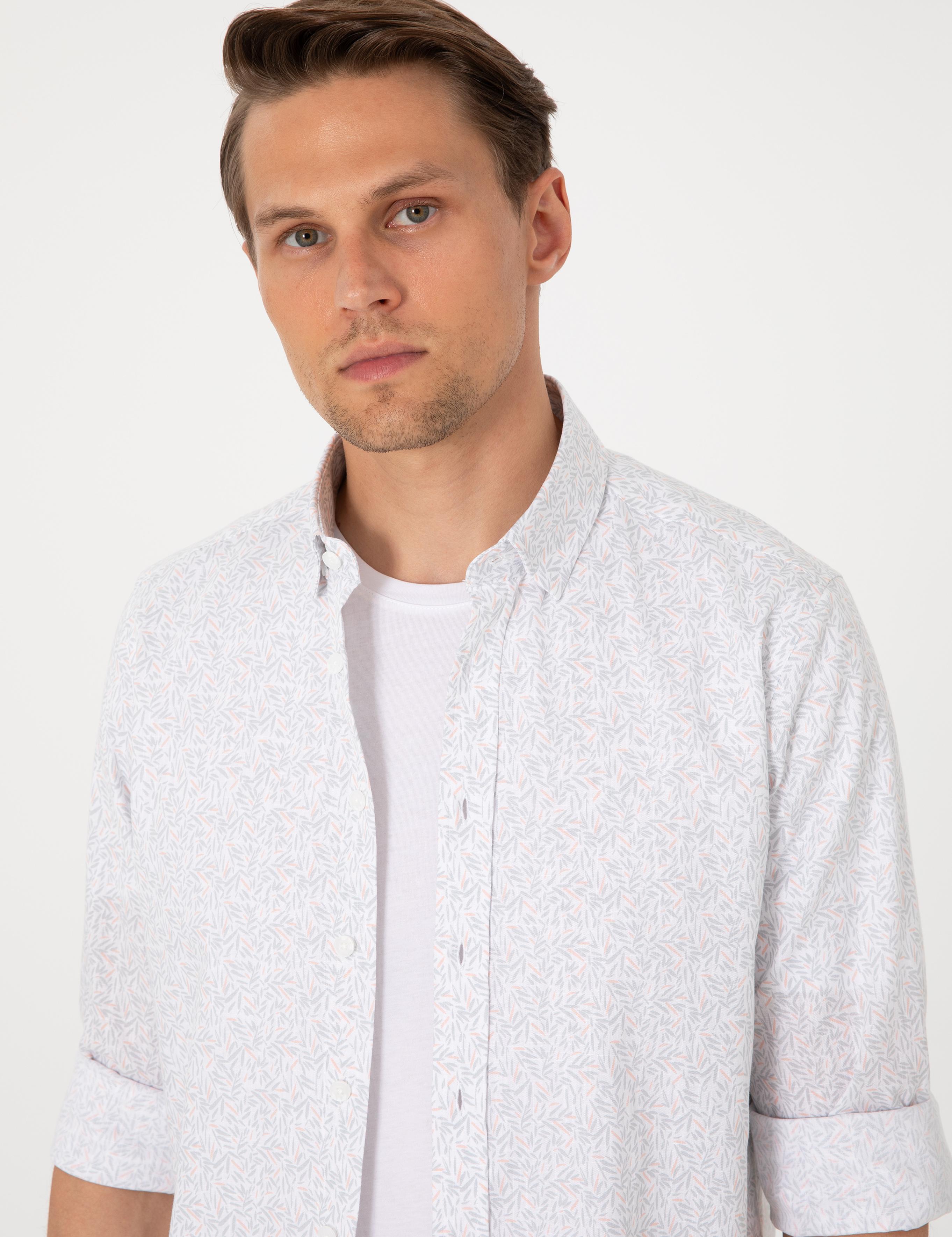 Beyaz Desen Baskılı Slim Fit Uzun Kollu Gömlek