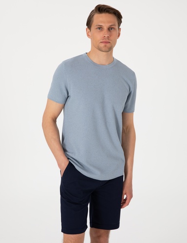 Mavi Slim Fit Keten Karışımlı Bisiklet Yaka Triko Tişört