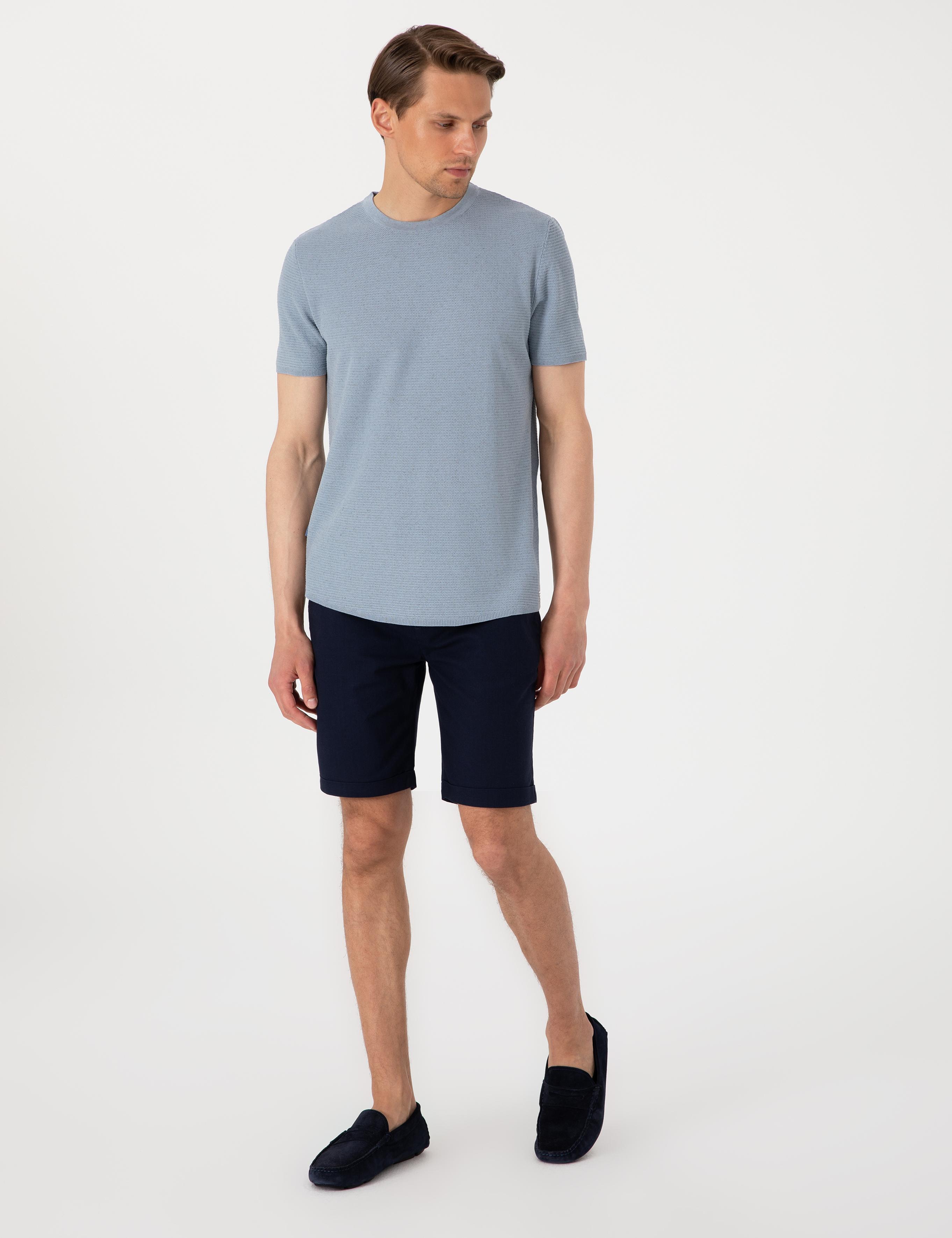 Mavi Slim Fit Keten Karışımlı Bisiklet Yaka Triko Tişört