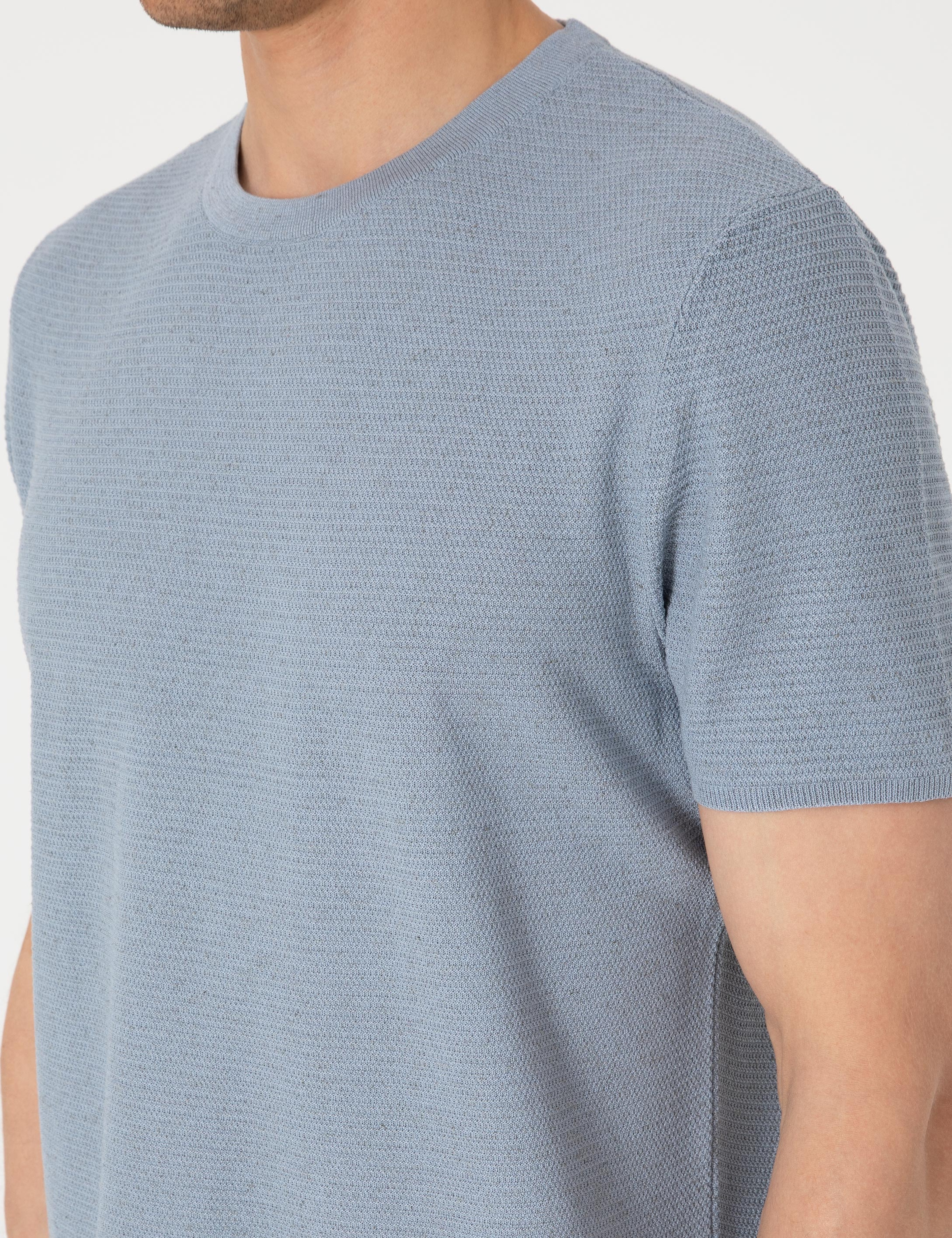 Mavi Slim Fit Keten Karışımlı Bisiklet Yaka Triko Tişört - Image 7