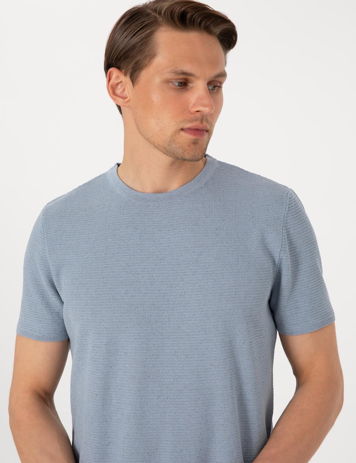 Mavi Slim Fit Keten Karışımlı Bisiklet Yaka Triko Tişört - 50305973013