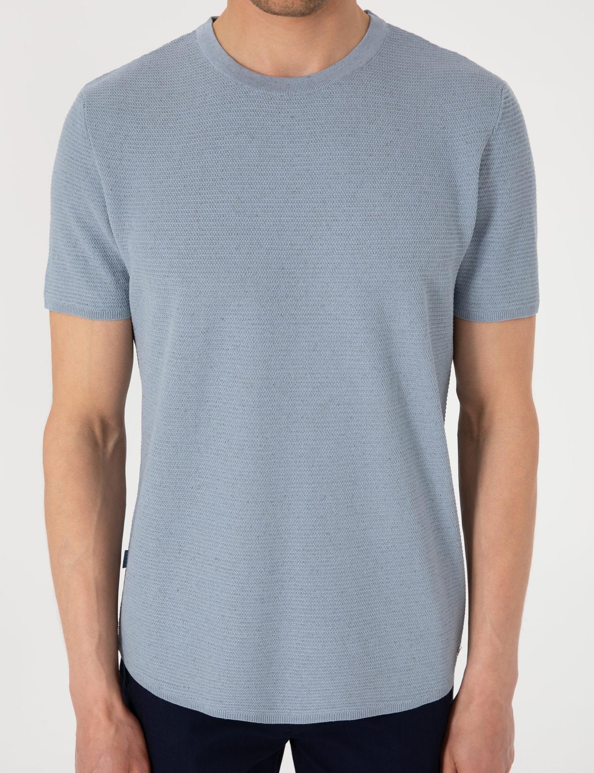 Mavi Slim Fit Keten Karışımlı Bisiklet Yaka Triko Tişört - 50305973013