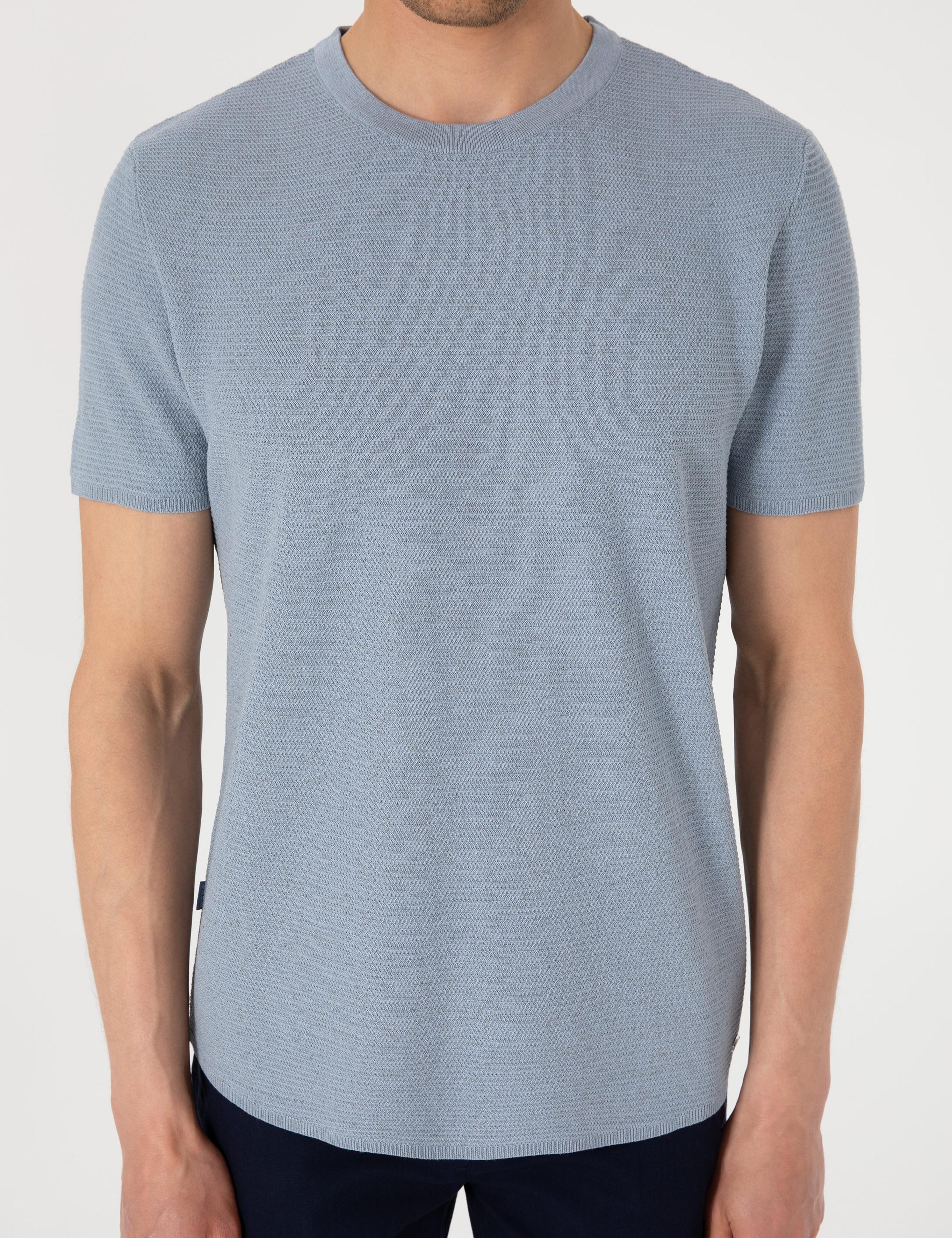 Mavi Slim Fit Keten Karışımlı Bisiklet Yaka Triko Tişört