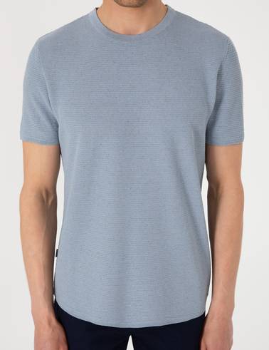 Mavi Slim Fit Keten Karışımlı Bisiklet Yaka Triko Tişört