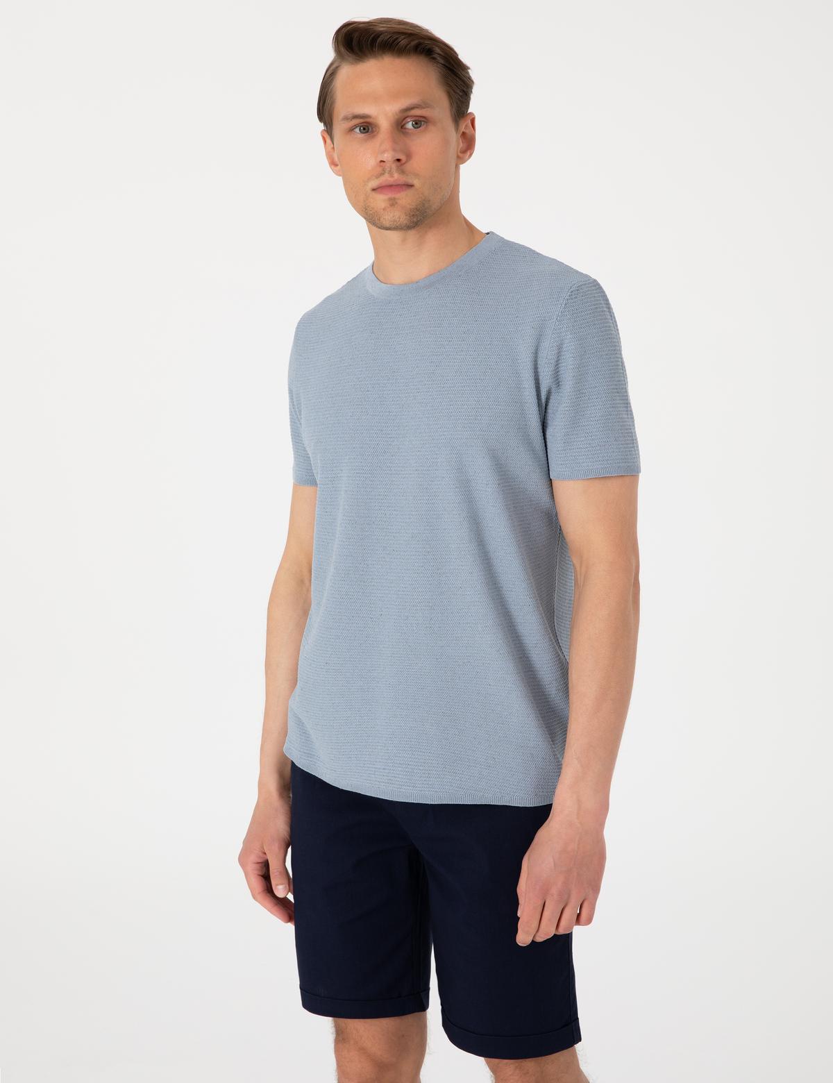 Mavi Slim Fit Keten Karışımlı Bisiklet Yaka Triko Tişört - 50305973013