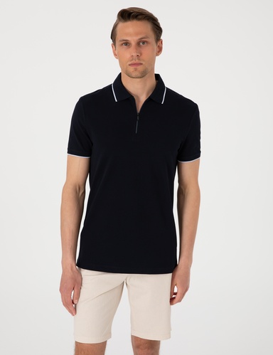 Lacivert Slim Fit %100 Pamuk Fermuarlı Polo Yaka Tişört