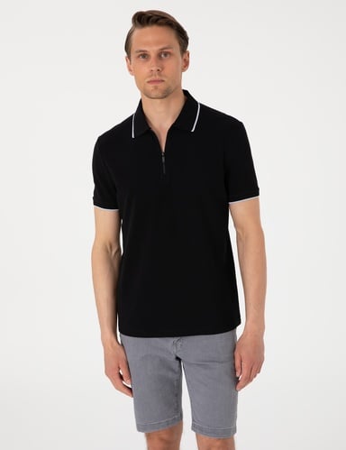 Siyah Slim Fit %100 Pamuk Fermuarlı Polo Yaka Tişört