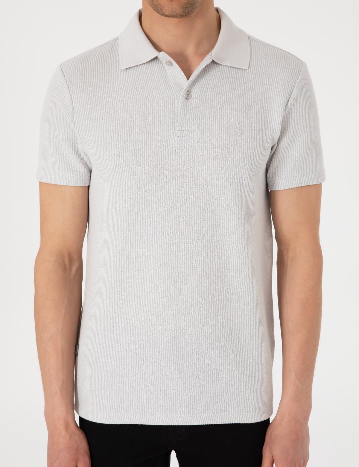 Gri Slim Fit Örme Dokulu Polo Yaka Tişört - 50310171068