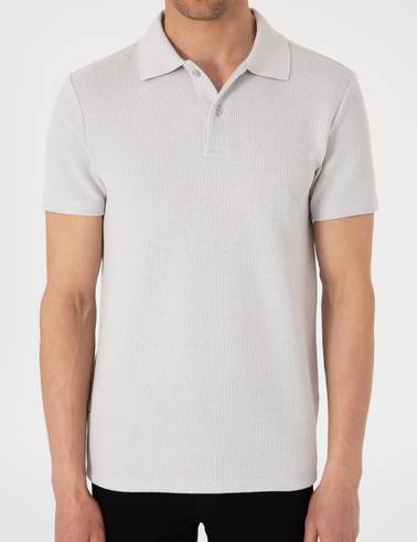 Gri Slim Fit Örme Dokulu Polo Yaka Tişört
