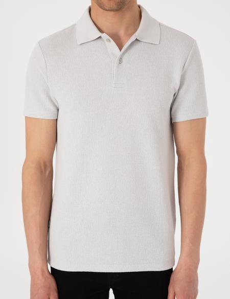 Gri Slim Fit Örme Dokulu Polo Yaka Tişört - 50310171068