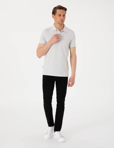 Gri Slim Fit Örme Dokulu Polo Yaka Tişört