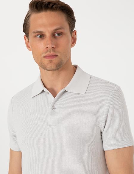 Gri Slim Fit Örme Dokulu Polo Yaka Tişört - 50310171068
