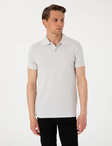 Gri Slim Fit Örme Dokulu Polo Yaka Tişört