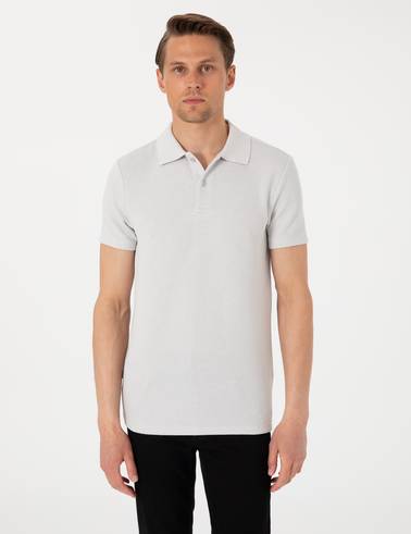 Gri Slim Fit Örme Dokulu Polo Yaka Tişört