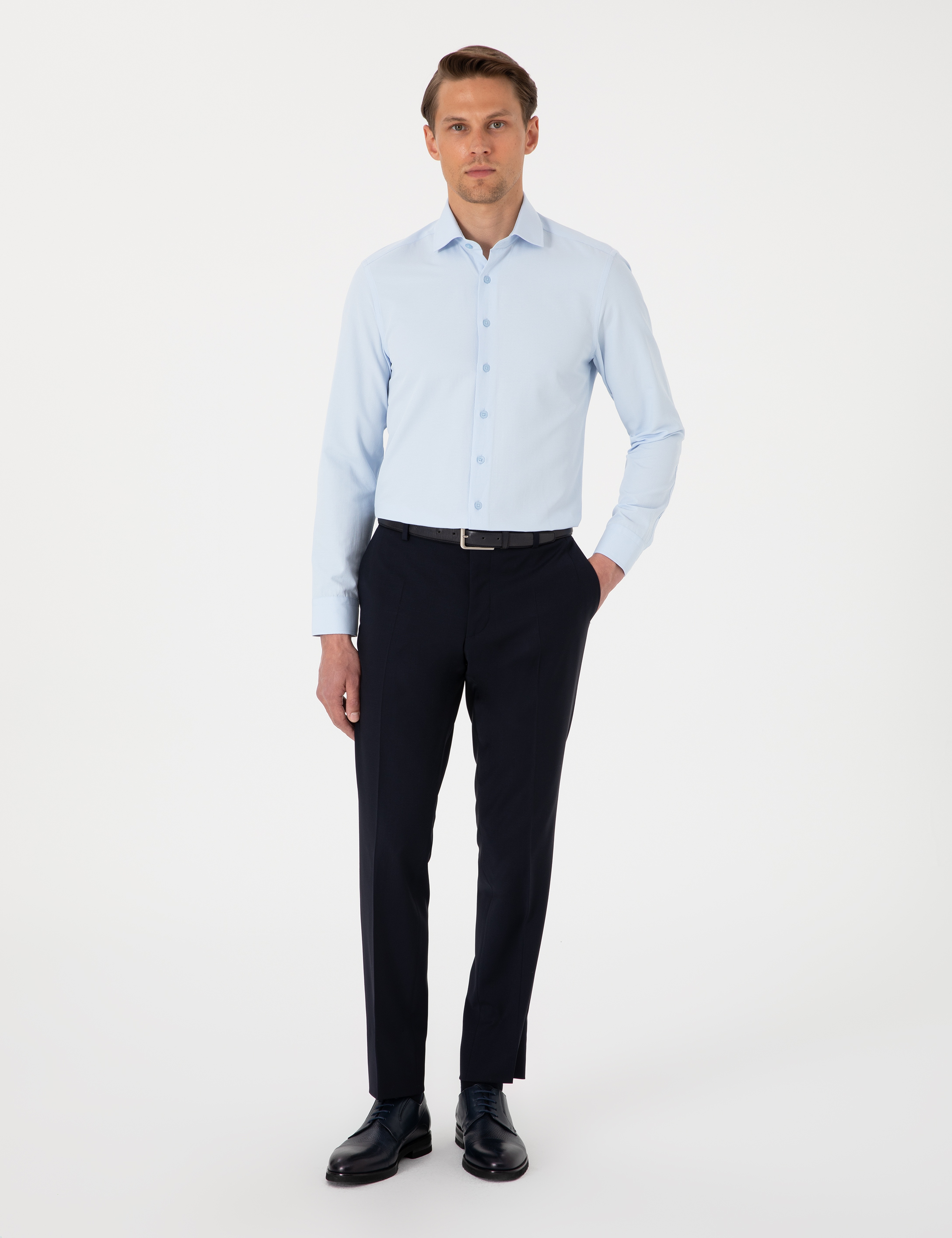 Açık Mavi Slim Fit Uzun Kollu Armürlü Gömlek - Image 4
