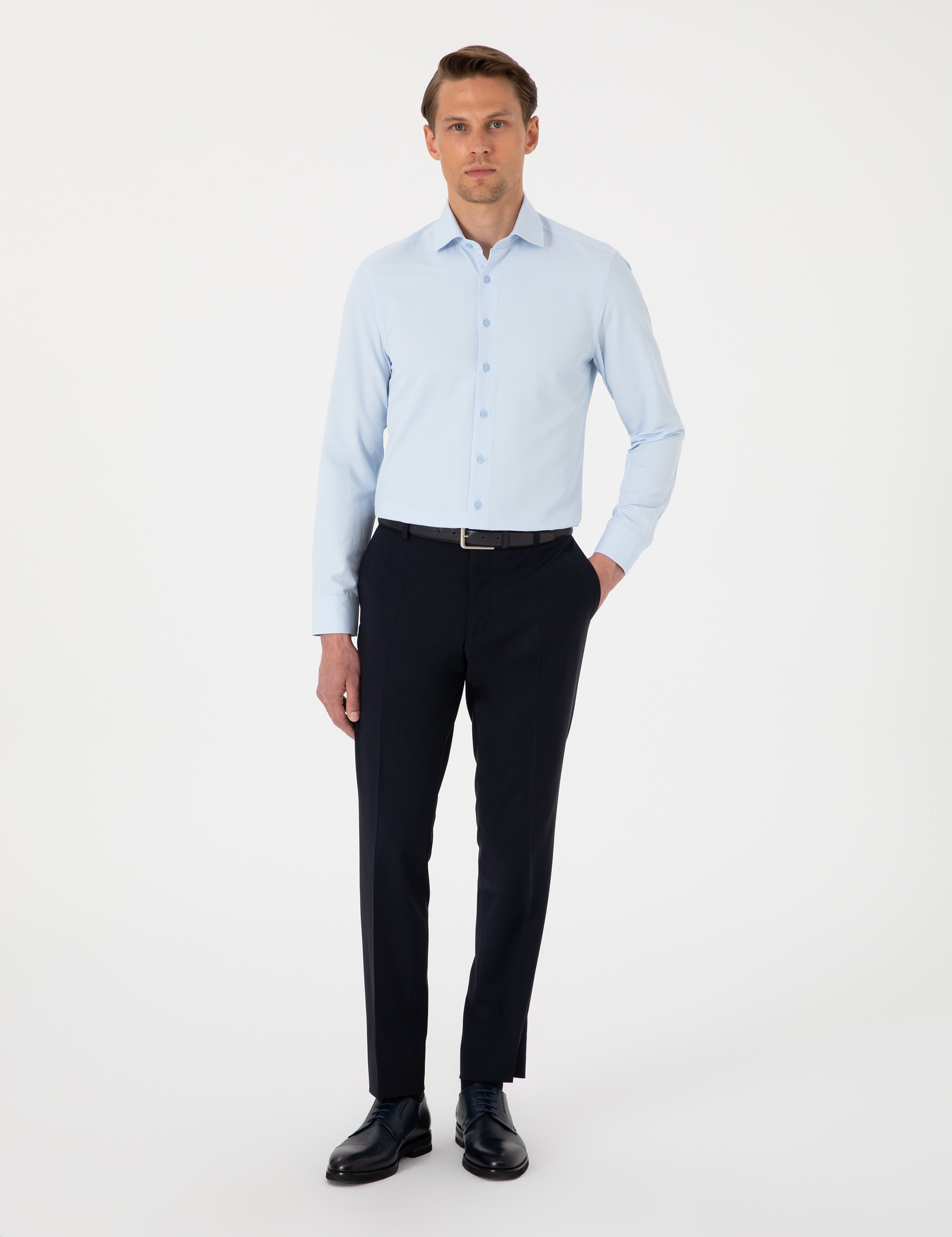 Açık Mavi Slim Fit Uzun Kollu Armürlü Gömlek