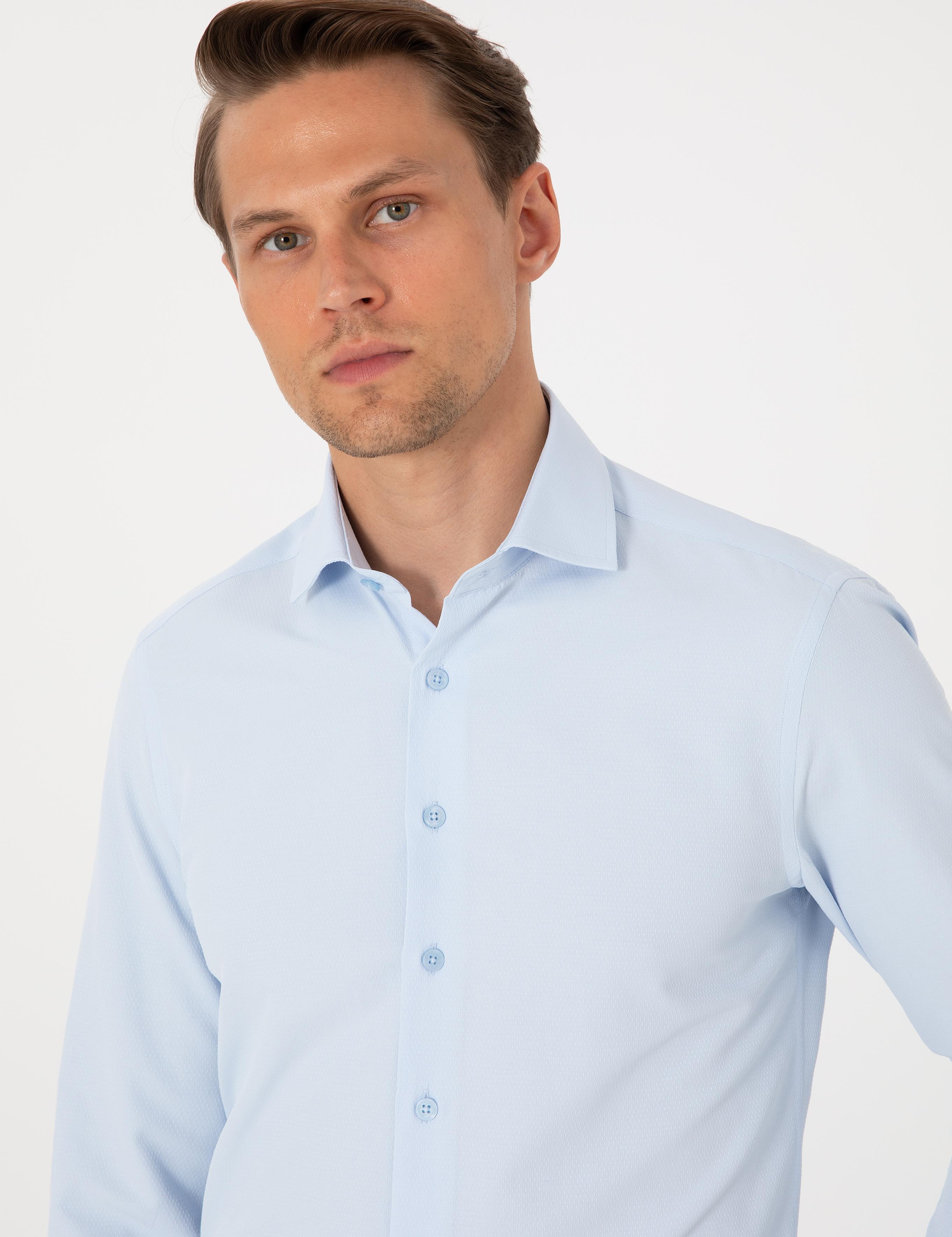 Açık Mavi Slim Fit Uzun Kollu Armürlü Gömlek