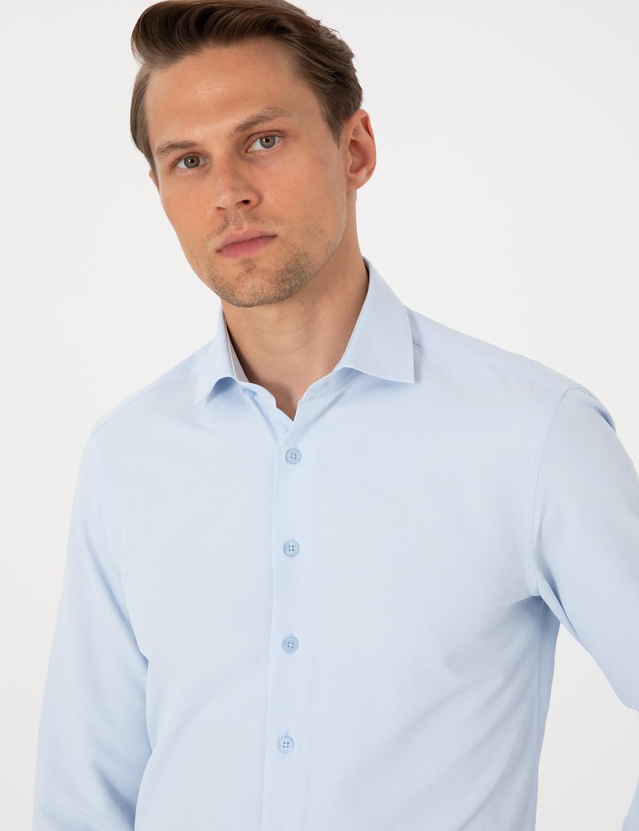 Açık Mavi Slim Fit Uzun Kollu Armürlü Gömlek