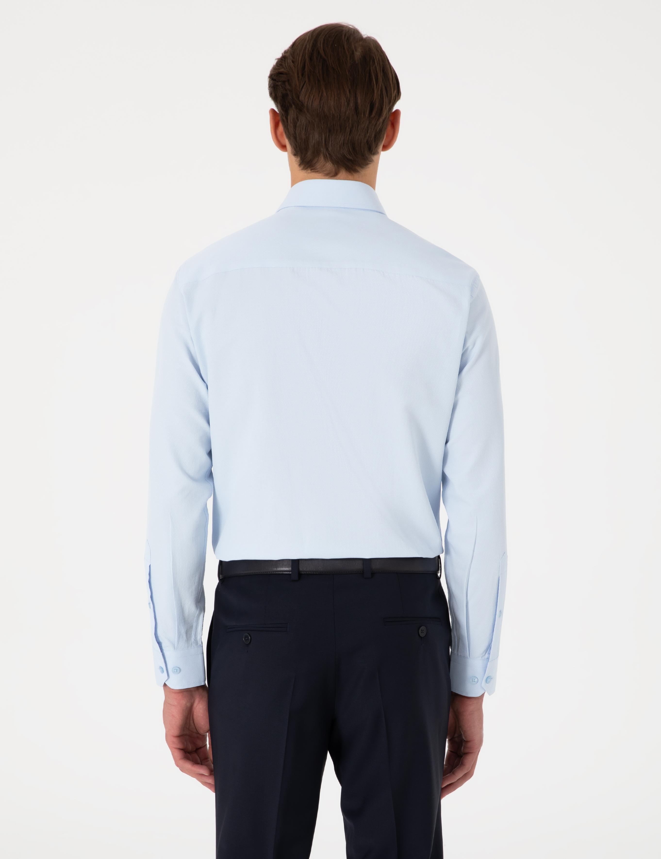 Açık Mavi Slim Fit Uzun Kollu Armürlü Gömlek