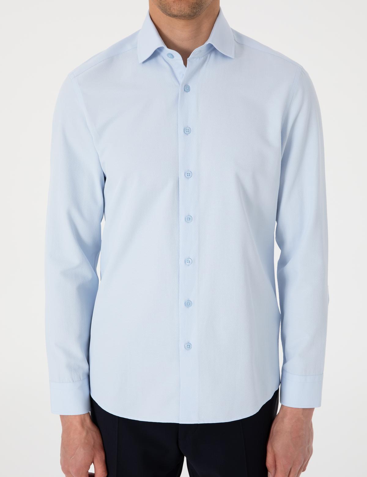 Açık Mavi Slim Fit Uzun Kollu Armürlü Gömlek - 50307108007