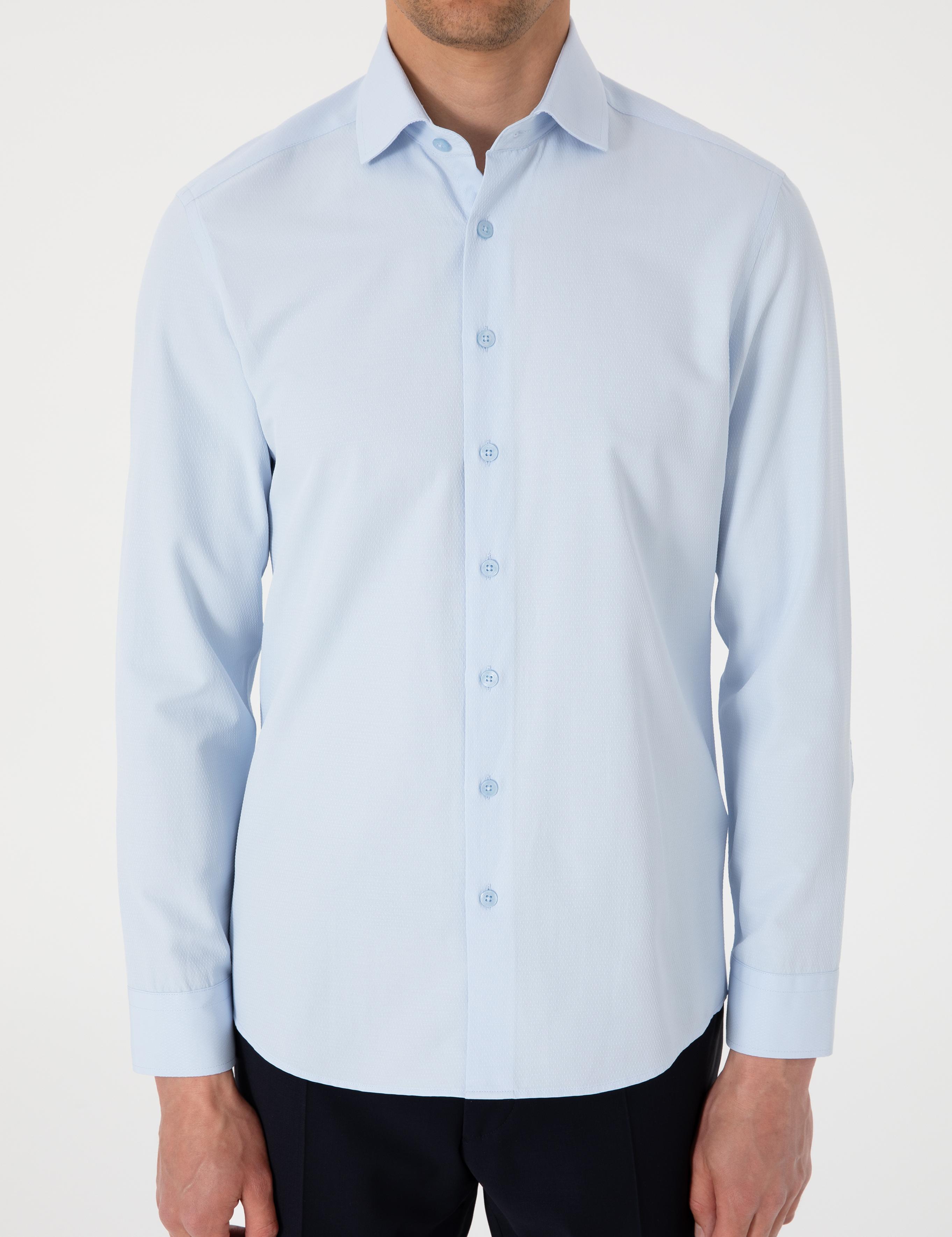 Açık Mavi Slim Fit Uzun Kollu Armürlü Gömlek