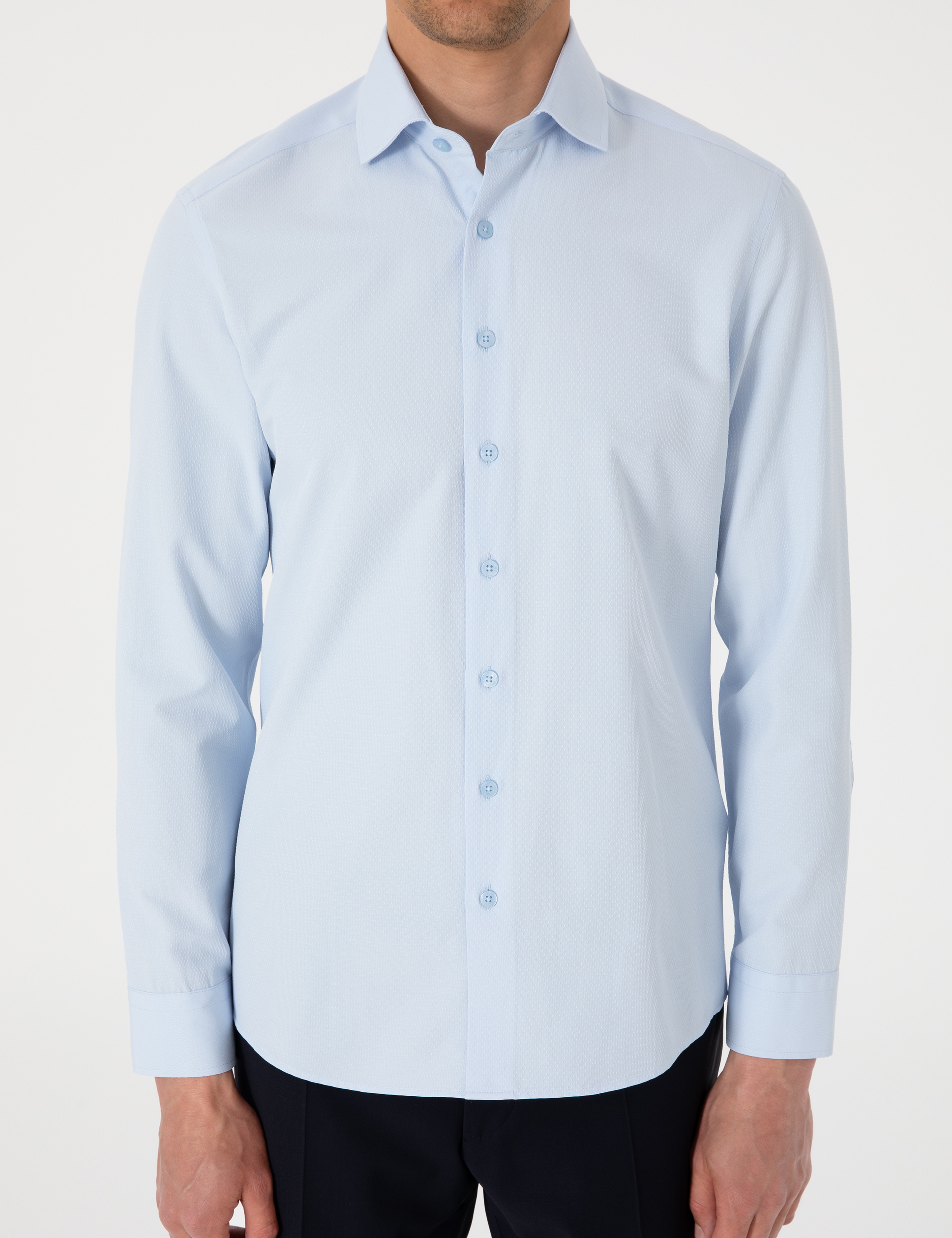 Açık Mavi Slim Fit Uzun Kollu Armürlü Gömlek - Image 6